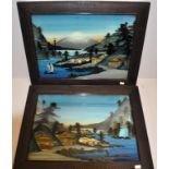 Pair vintage Japanese reverse paintings on glass