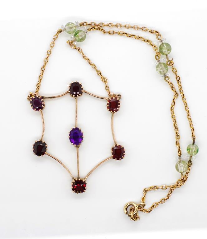 Antique 9ct gold, amethyst and garnet necklet - Image 2 of 4