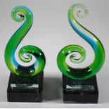 Pair art glass figures on marble bases