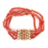 A multi strand coral bracelet and 14ct gold clasp