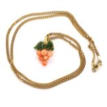 Coral and jade pendant on 9ct yellow gold chain