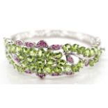 Peridot, ruby and sterling silver bangle