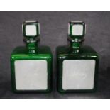 Pair French L'Etain a la Rose green glass decanter