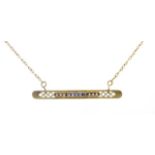Gold sapphire and pearl bar pendant and chain
