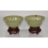 Pair Chinese jade rice bowls & stands