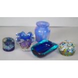 Five studio glass candleholders, vase, ashtray