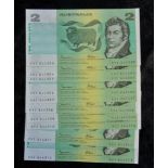 Ten consecutive Australian $2 banknotes