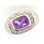9ct white gold, amethyst and diamond ring