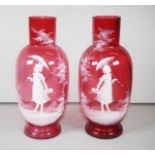 Pair Mary Gregory cranberry glass vases