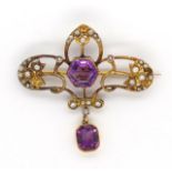 Antique gilt, amethyst and pearl brooch