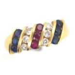 Diamond, ruby, sapphire and 18ct gold ring