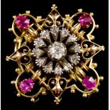 Gold, diamond and pink sapphire brooch