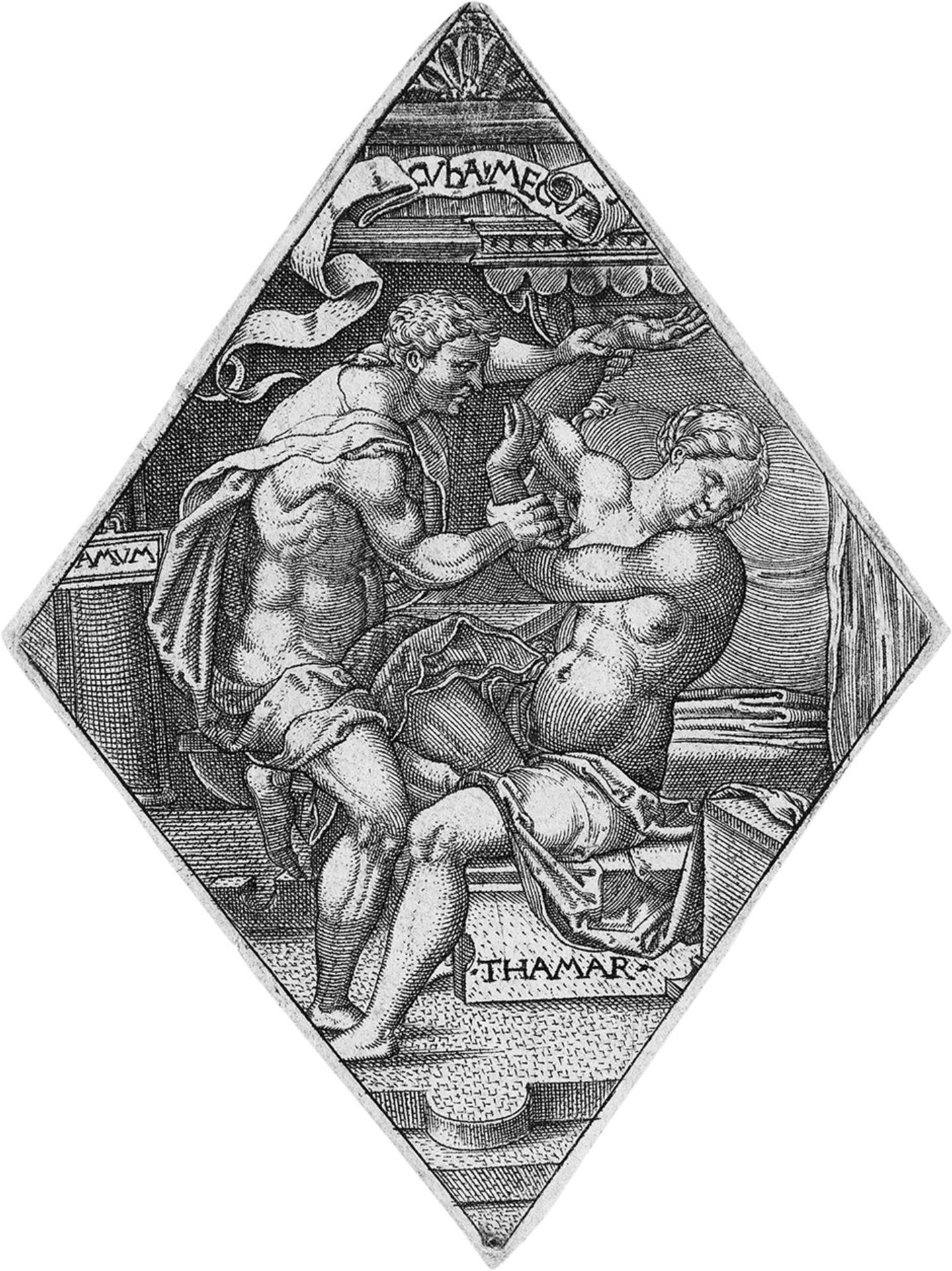 Claesz., Allaert: Amnon und Thamar Amnon und Thamar. Kupferstich in Rautenform. 8,6 x 6,5 cm.