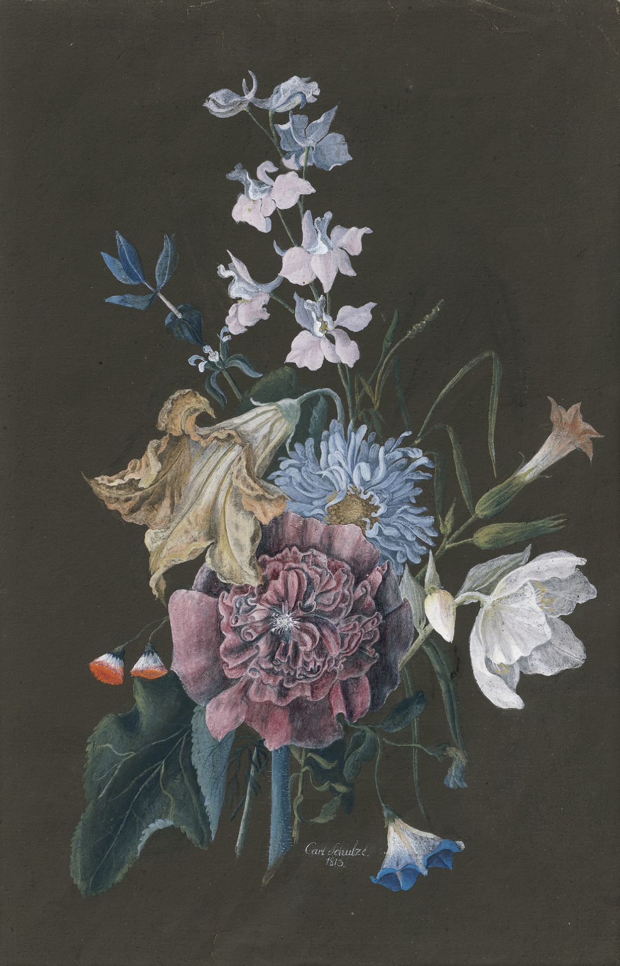 Schulze, Carl: Blumenbouquet mit Lilie, Margerite und blauen Winden Blumenbouquet mit Lilie,