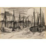 Pechstein, Hermann Max: Schiffe im Hafen Schiffe im Hafen Kohle auf dünnem Zeichenpapier. 1925. 23,8