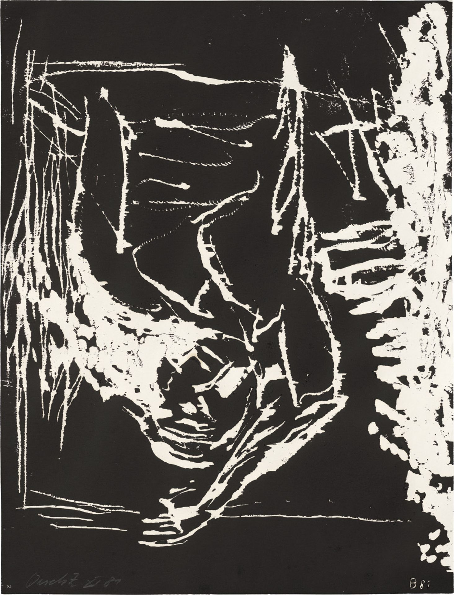 Baselitz, Georg: Frau im Fenster Frau im Fenster Holzschnitt auf Offsetpapier. 1981. 65 x 49,5 cm.