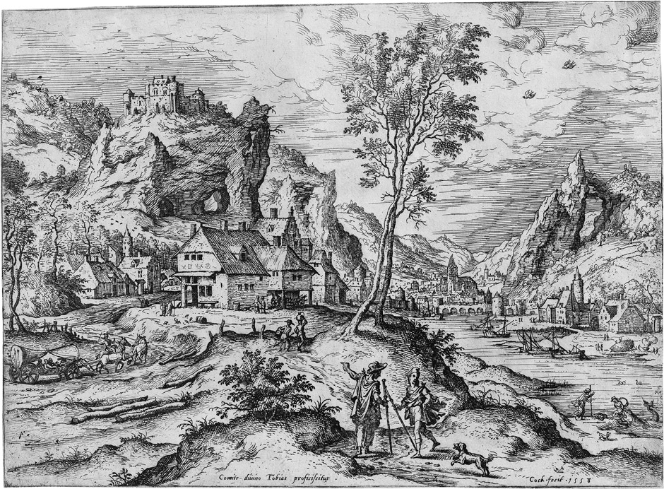 Cock, Hieronymus: Die Landschaft mit Tobias und dem Engel Die Landschaft mit Tobias und dem Engel.