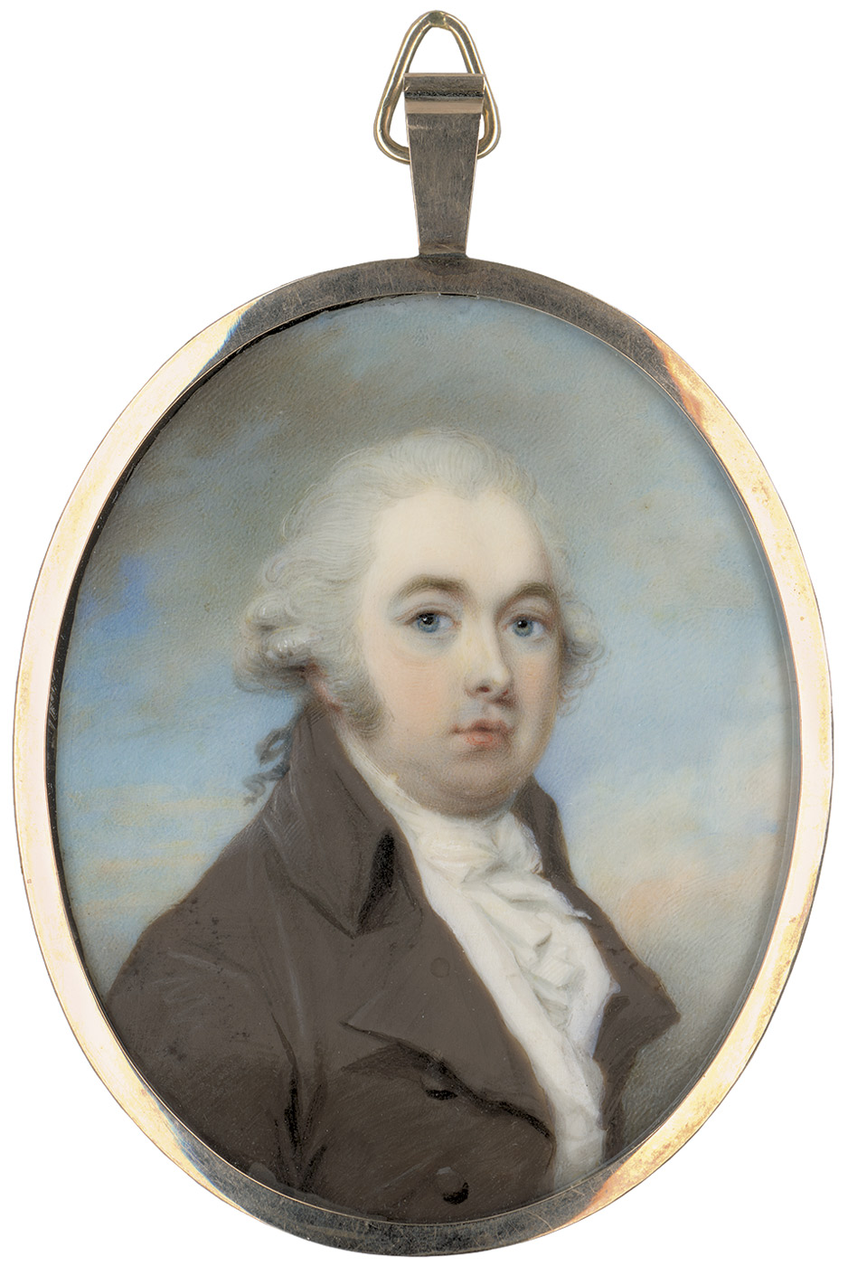 Englisch: um 1790. Junger Mann mit weißgepuderter Perücke in brauner Jacke mit weißer Weste um 1790.