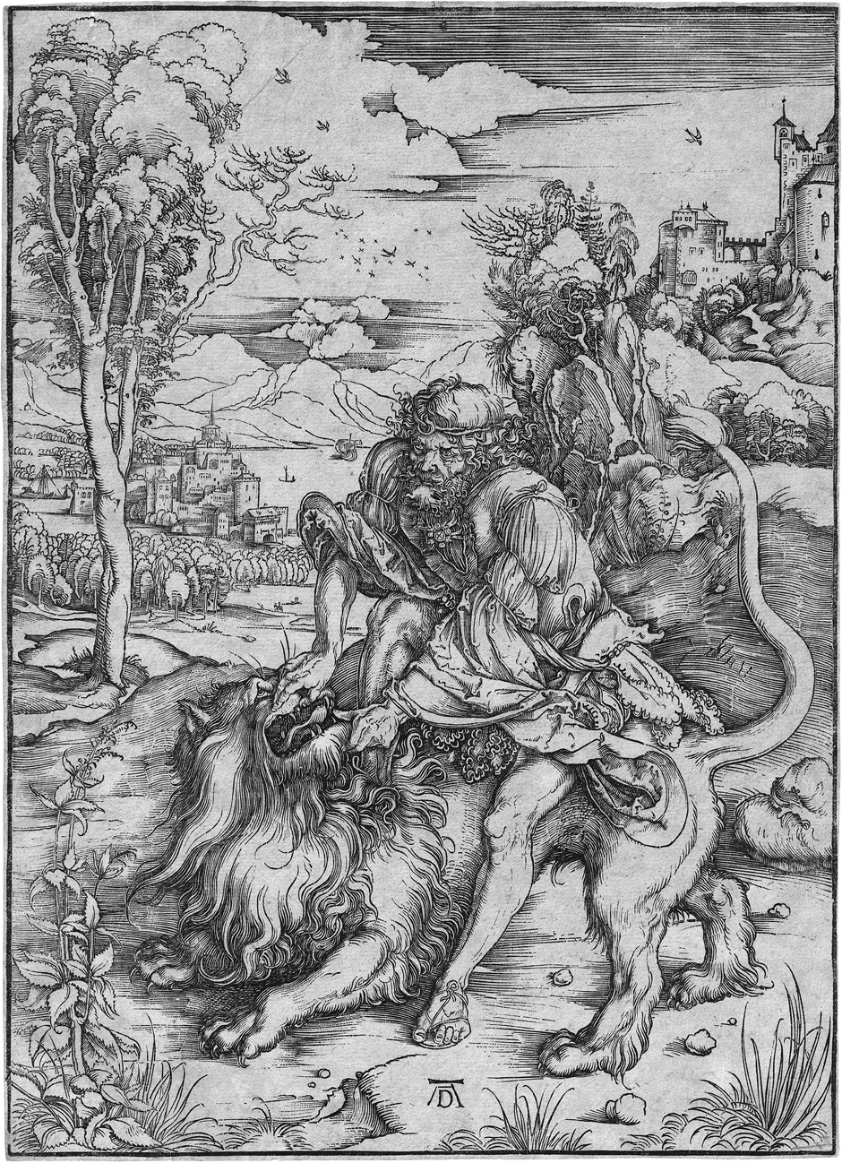 Dürer, Albrecht: Samson tötet den Löwen Samson tötet den Löwen. Holzschnitt. 38,9 x 27,8 cm. Um