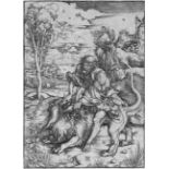 Dürer, Albrecht: Samson tötet den Löwen Samson tötet den Löwen. Holzschnitt. 38,9 x 27,8 cm. Um