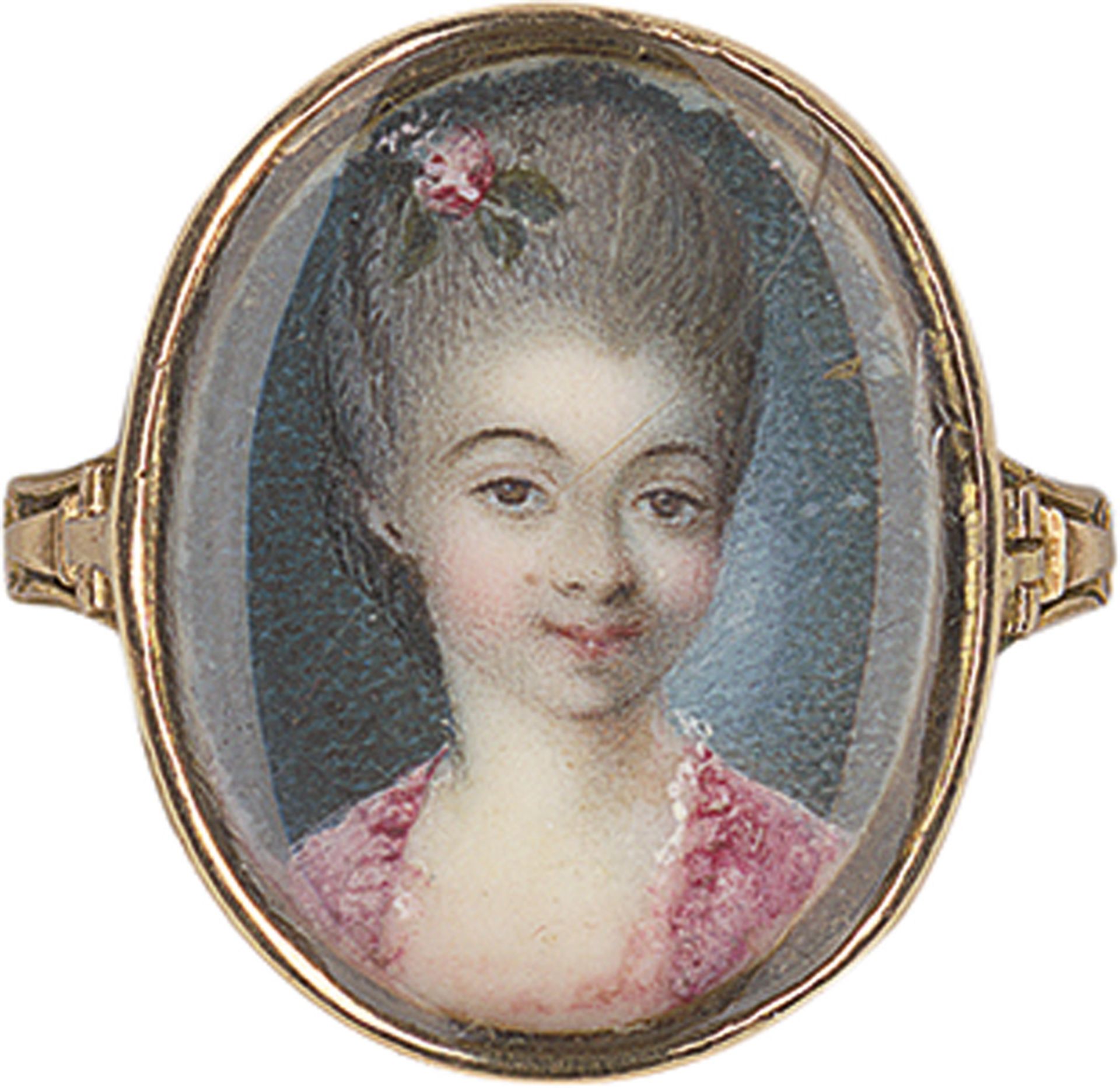 Französisch: um 1770. Bildnisring um 1770. Goldener Bildnisring, mit Miniatur auf Elfenbein: Porträt