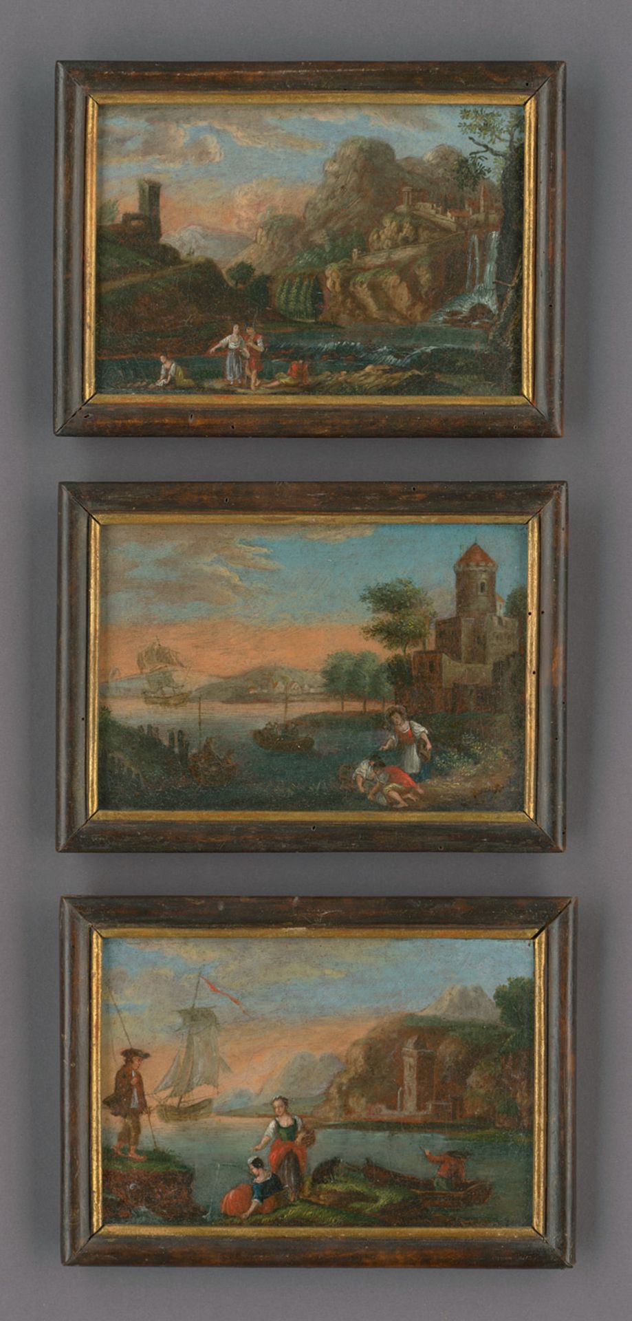 Deutsch: um 1800. Drei pastorale Landschaften um 1800. Drei pastorale Landschaften. Öl auf Papier.