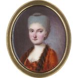 Deutsch: um 1770/75. Junge Frau im orangen Kleid mit braunem Pelzbesatz um 1770/1775. Junge Frau