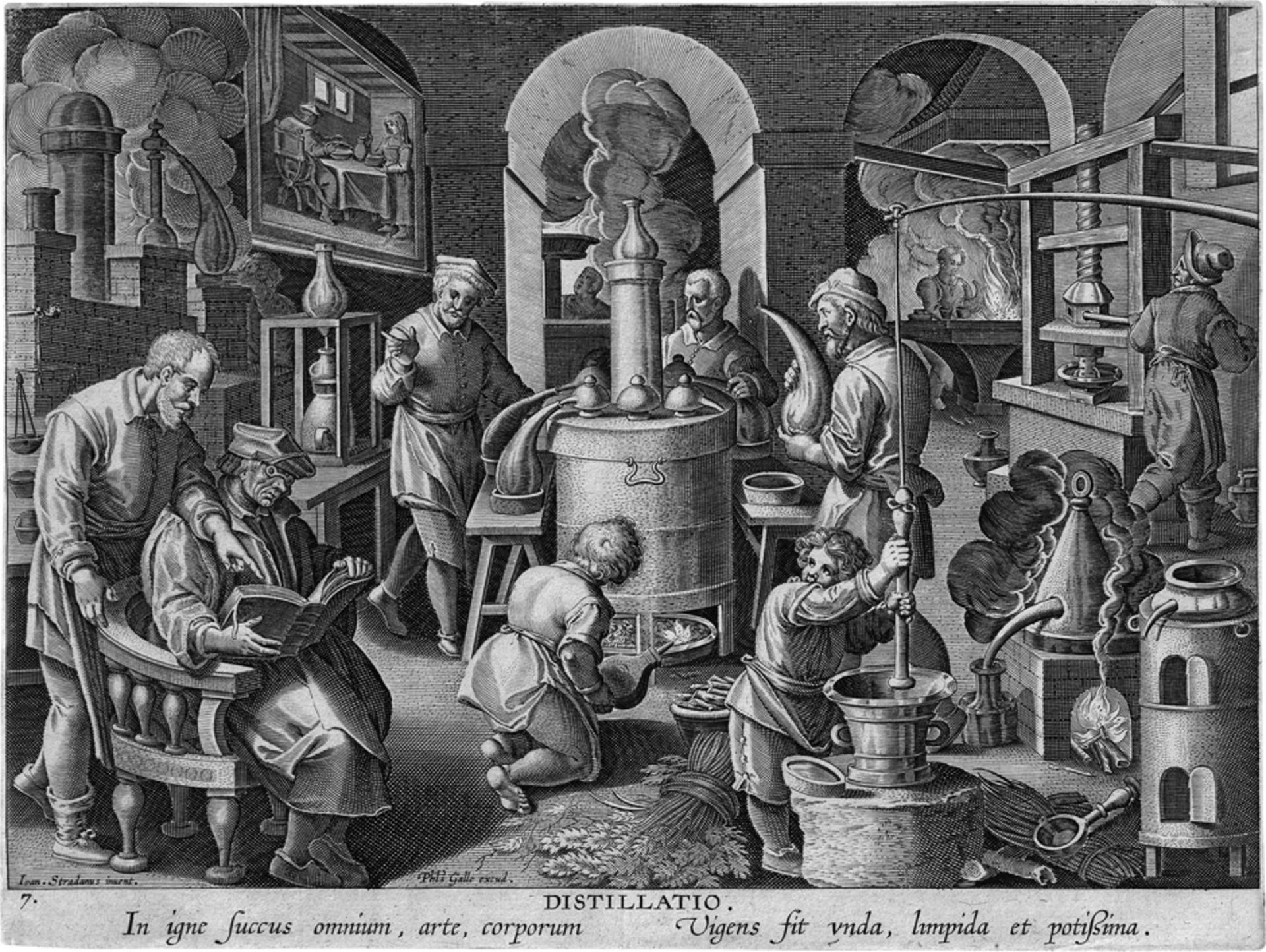 Stradanus, Johannes: Distillatio nach. Distillatio - Die Erfindung des Destillierens. Kupferstich