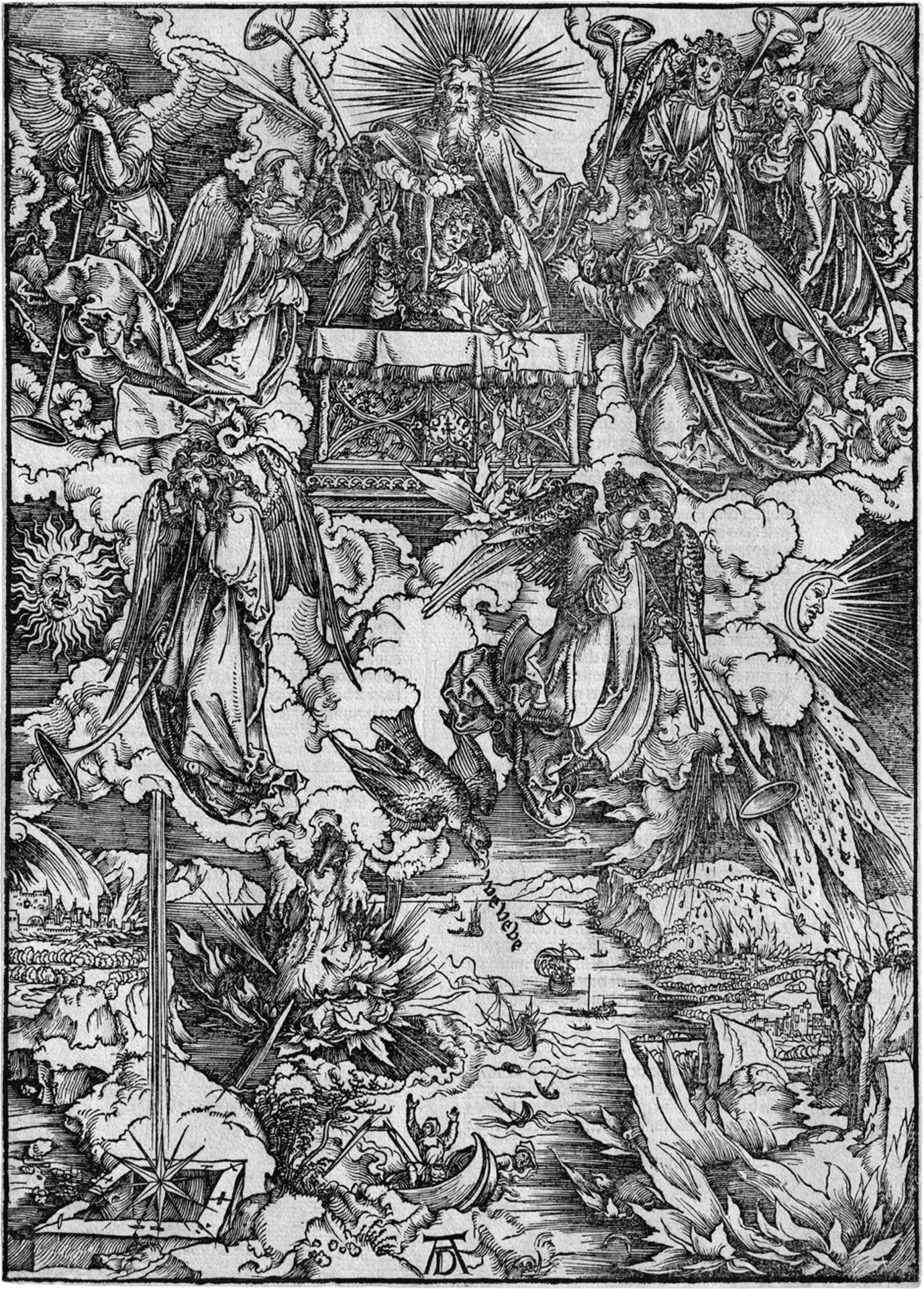 Dürer, Albrecht: Die sieben Posaunenengel Die sieben Posaunenengel. Holzschnitt. 38,9 x 27,7 cm. (