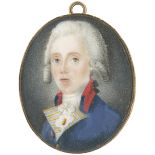 Englisch: um 1780. Bildnis eines jungen Mannes in blauer Uniformjacke mit weiß gepuderter Perücke um