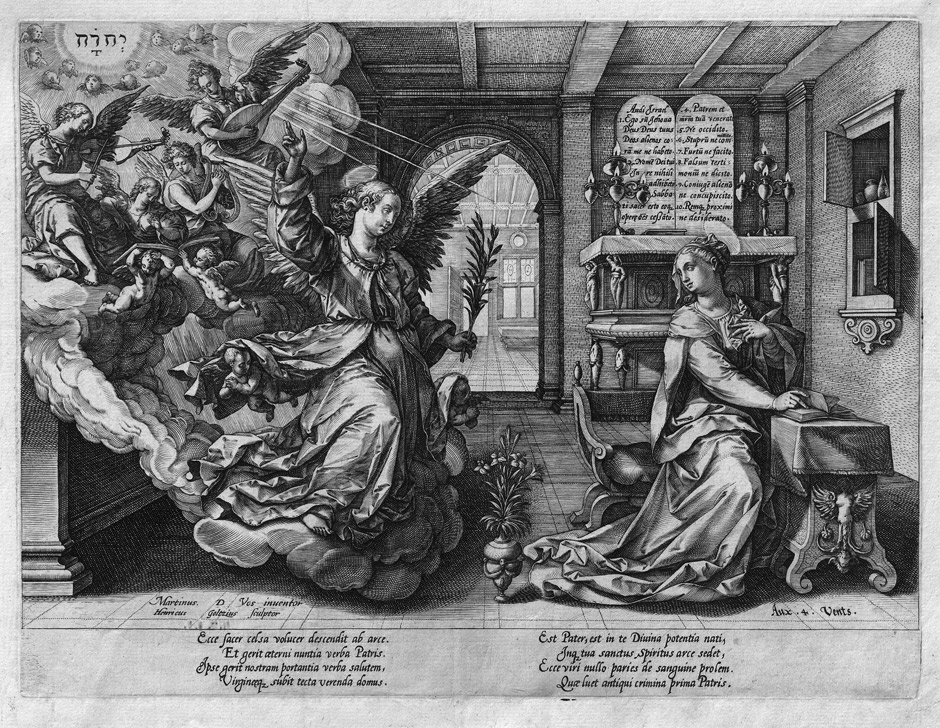 Goltzius, Hendrick: Mariae Verkündigung Mariae Verkündigung. Kupferstich nach Maarten de Vos. 21,7 x