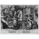 Goltzius, Hendrick: Mariae Verkündigung Mariae Verkündigung. Kupferstich nach Maarten de Vos. 21,7 x