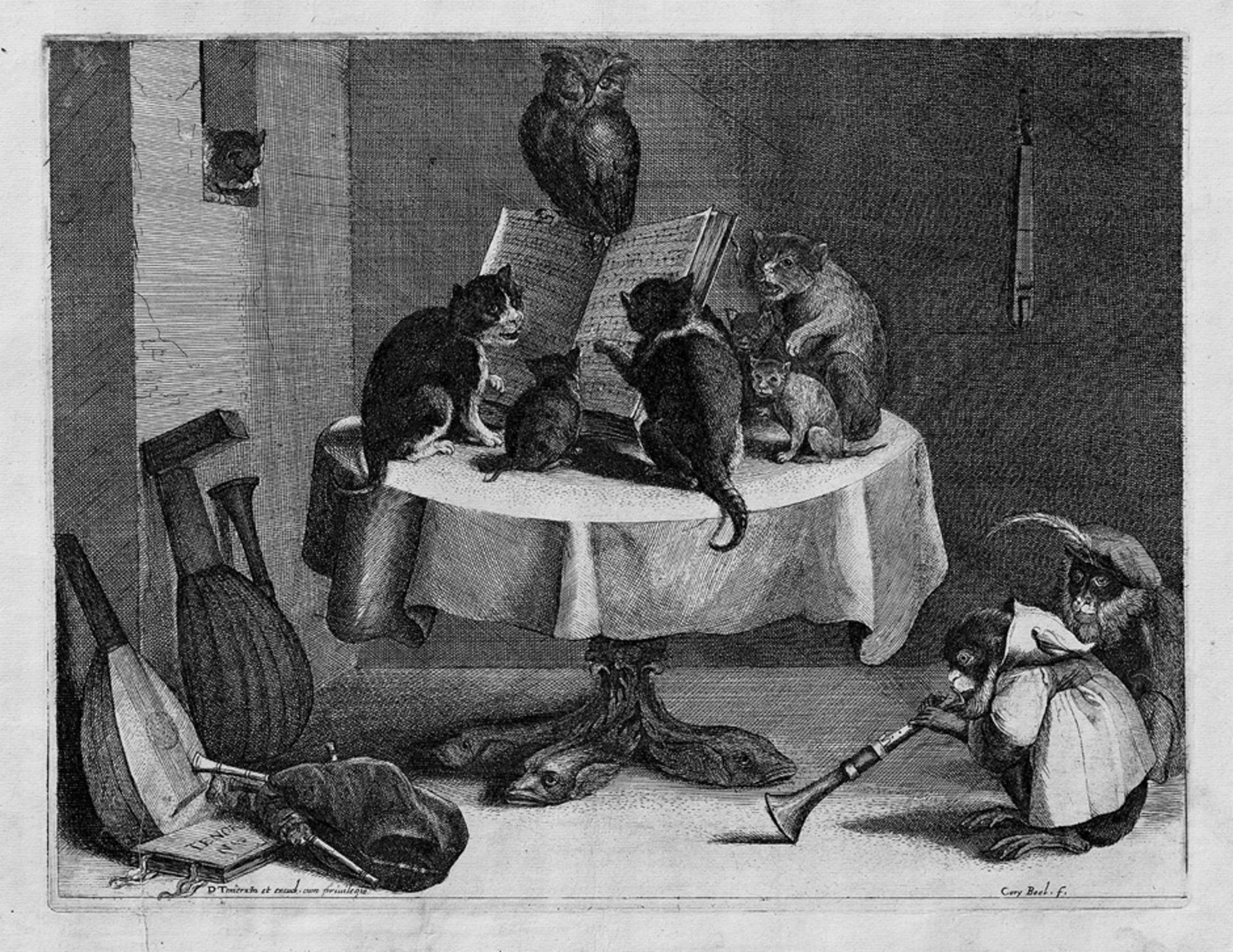 Boel, Coryn: Das Katzenkonzert Das Katzenkonzert. Radierung nach David Teniers. 24,3 x 31,5 cm. Le