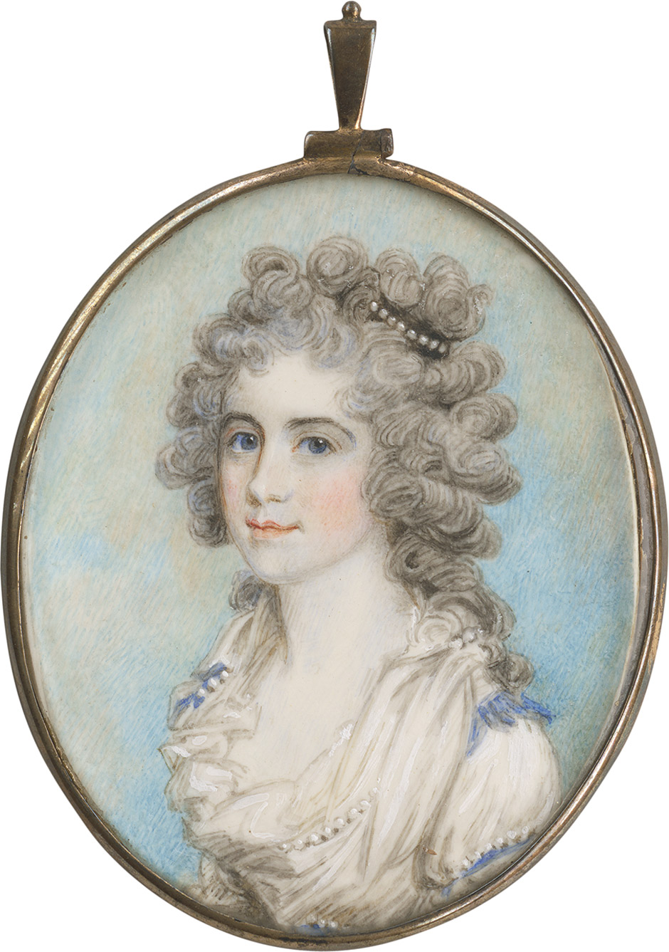 Englisch: 19. Jh. Bildnis einer jungen Frau im weißen dekolletierten Kleid mit gepuderter Percker