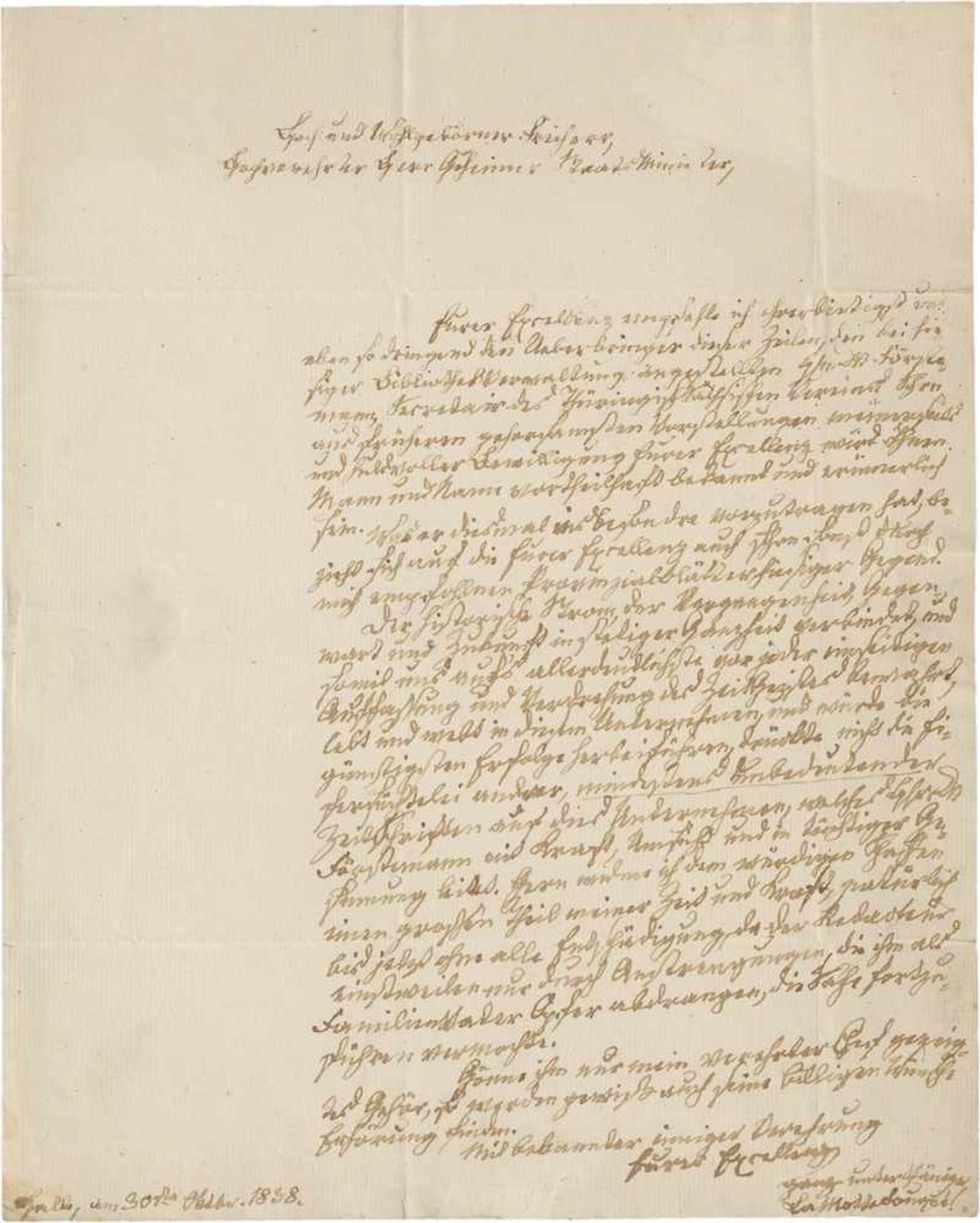 Fouqué, Friedrich de la Motte: Brief 1838 an Minister Altenstein - Eigh. Brief m. U. "La Motte