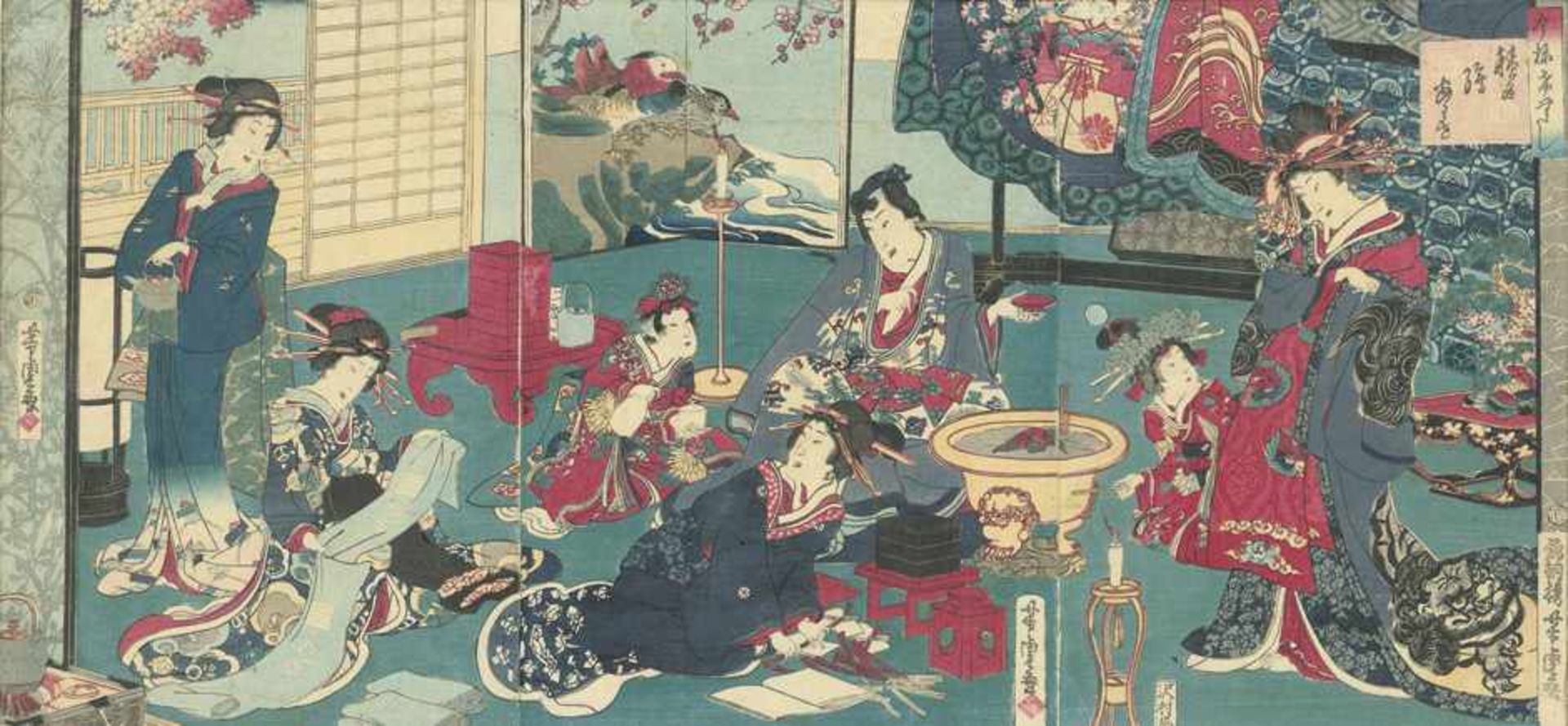 Yoshitora: Stoffbearbeitung. Triptychon mit sieben Damen im Interieur. Yoshitora, Utagawa.