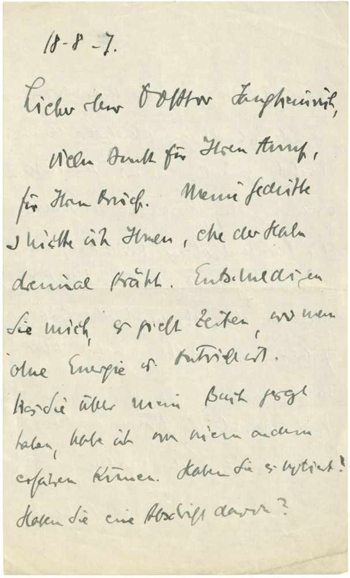 Benn, Gottfried: Brief 1917 Benn, Gottfried, Schriftsteller (1886-1956). Eigh. Brief mit U. "