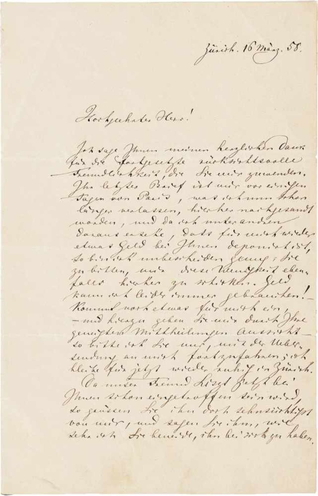 Wagner, Richard: Brief Zürich 1858 "Geld kann ich leider immer gebrauchen!" Wagner, Richard,
