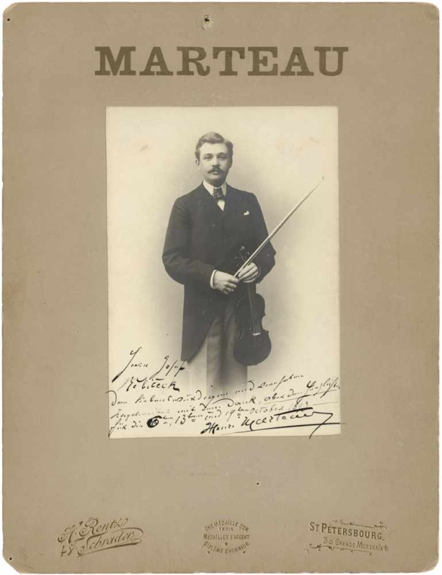 Marteau, Henri: Porträtfoto mit Widmung Marteau, Henri, französ.-dt. Violinvirtose, Komponist und