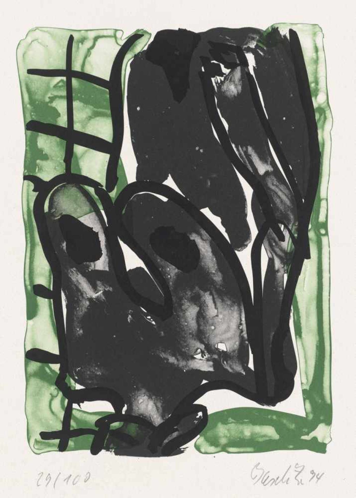 Baselitz, Georg: Weiblicher AktWeiblicher AktFarblithographie auf BFK Rives-Bütten. 1994.37,3 x 25,4