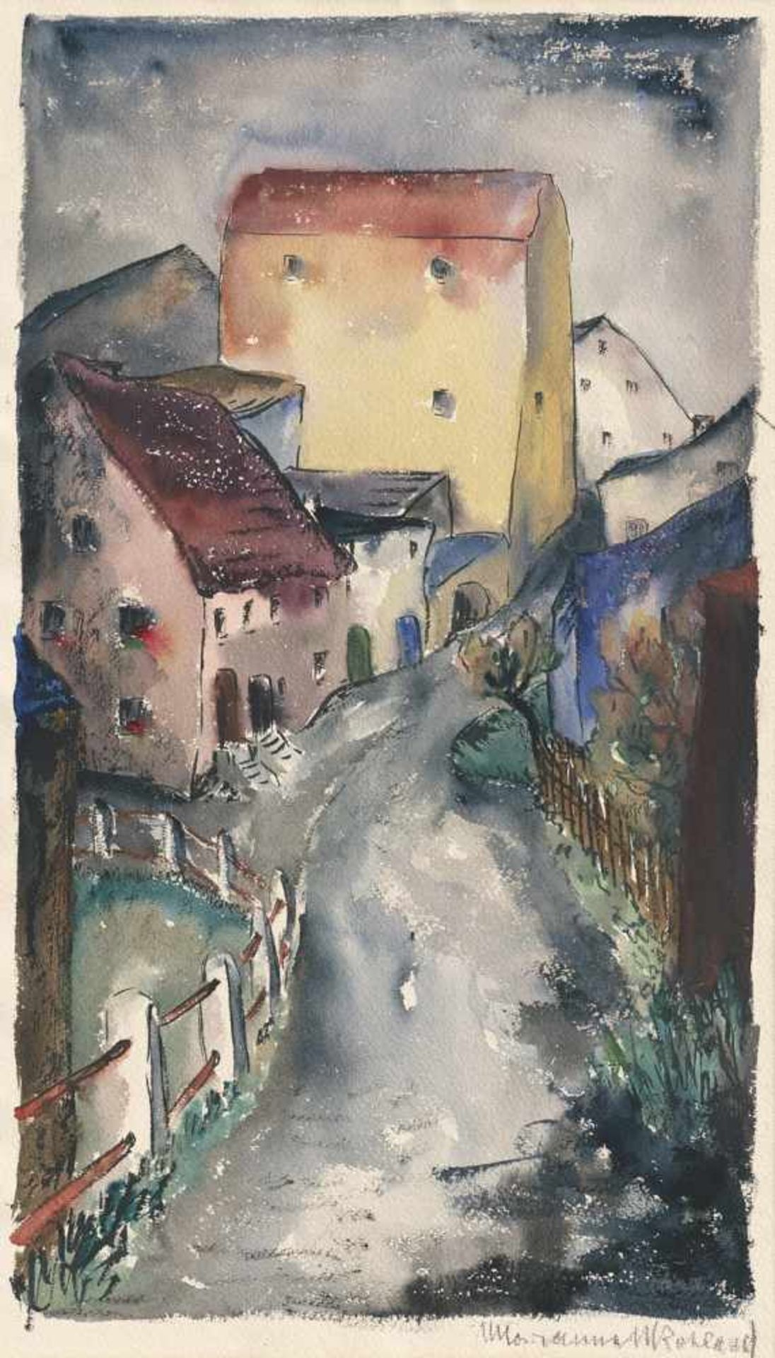 Rohland, Marianne: Das gelbe Haus"Das gelbe Haus"Aquarell, Pinsel und Feder auf genarbtem Velin.