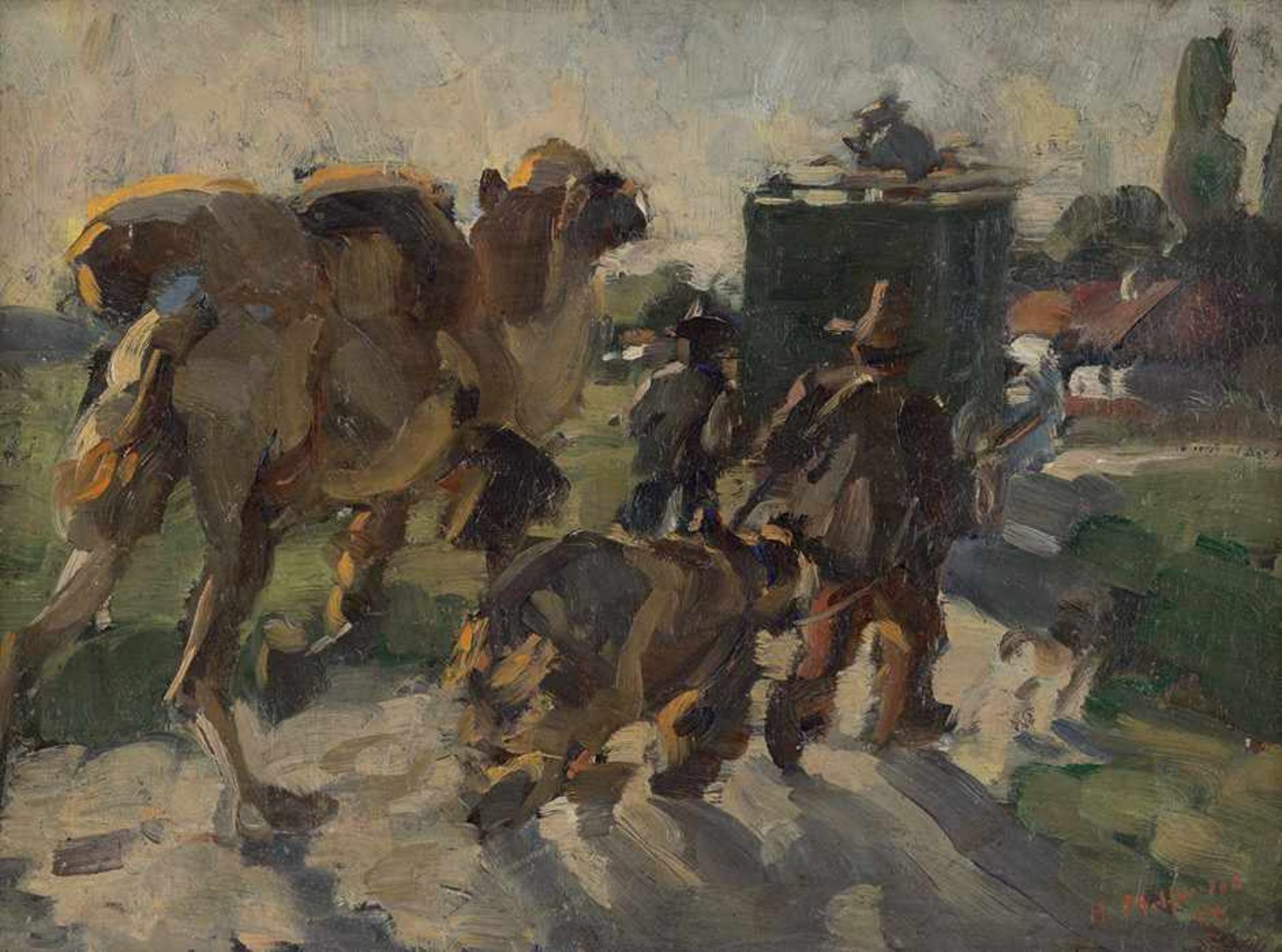 Molfenter, Hans: Wanderzirkus mit Kamel und BärWanderzirkus mit Kamel und BärÖl auf Malpappe. 1905.