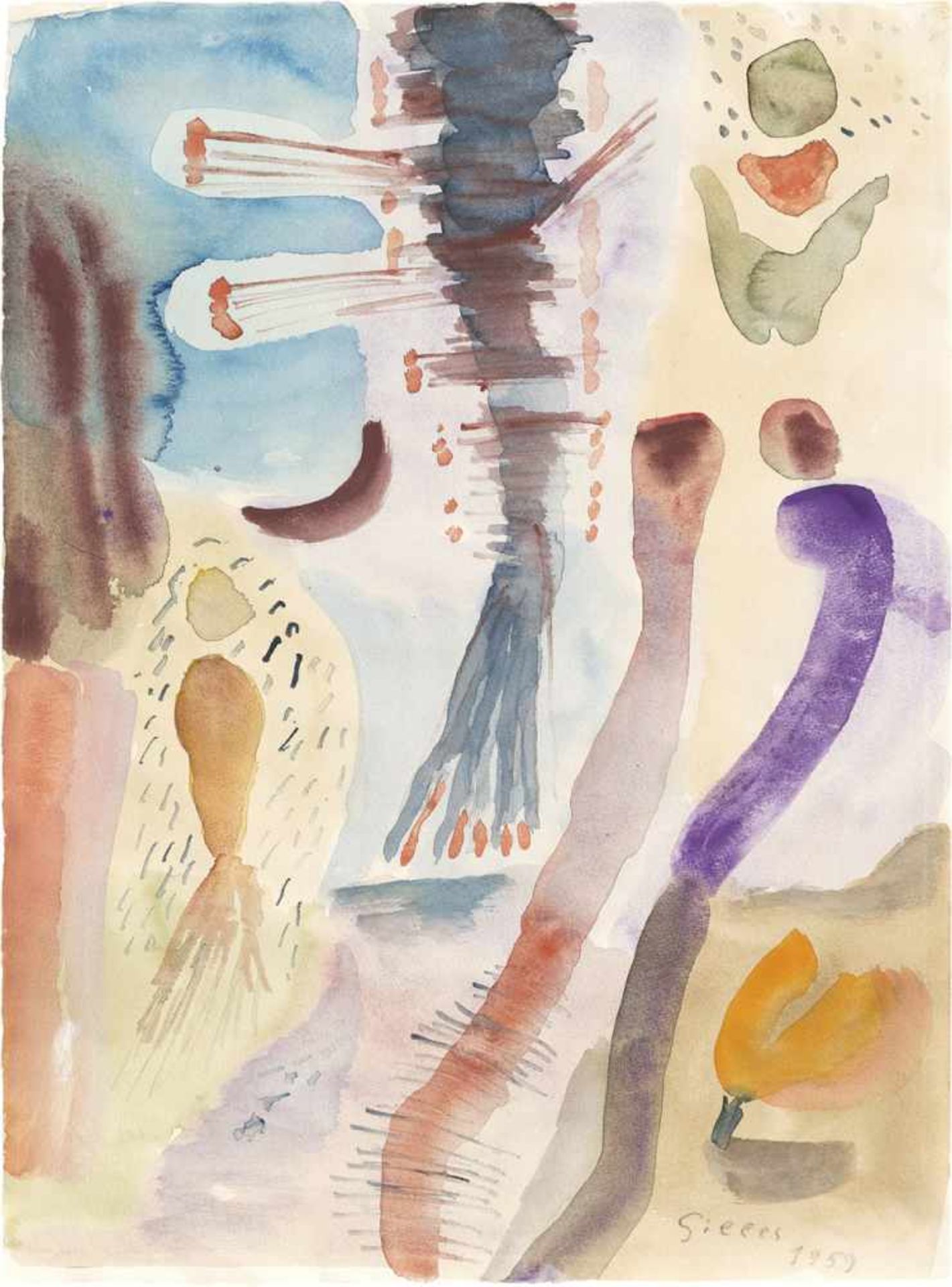 Gilles, Werner: Geburt der Libelle V"Geburt der Libelle V"Aquarell auf Velin. 1959. 48,5 x 36 cm.