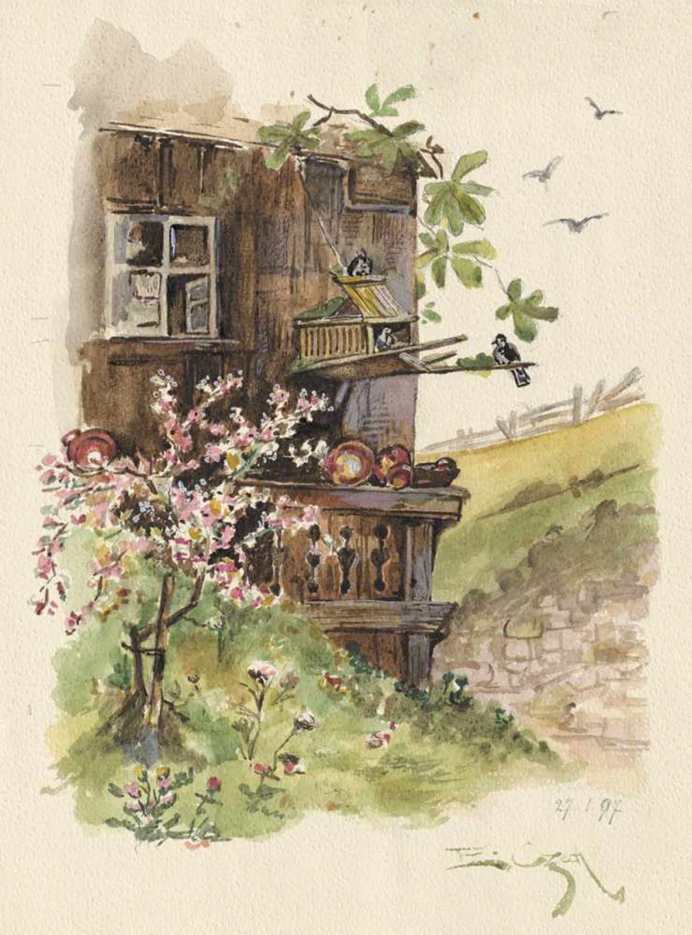 Czech, Emil: Hütte mit VogelkäfigHütte mit VogelkäfigAquarell auf Aquarellpapier. 1897.25 x 19,3 cm.