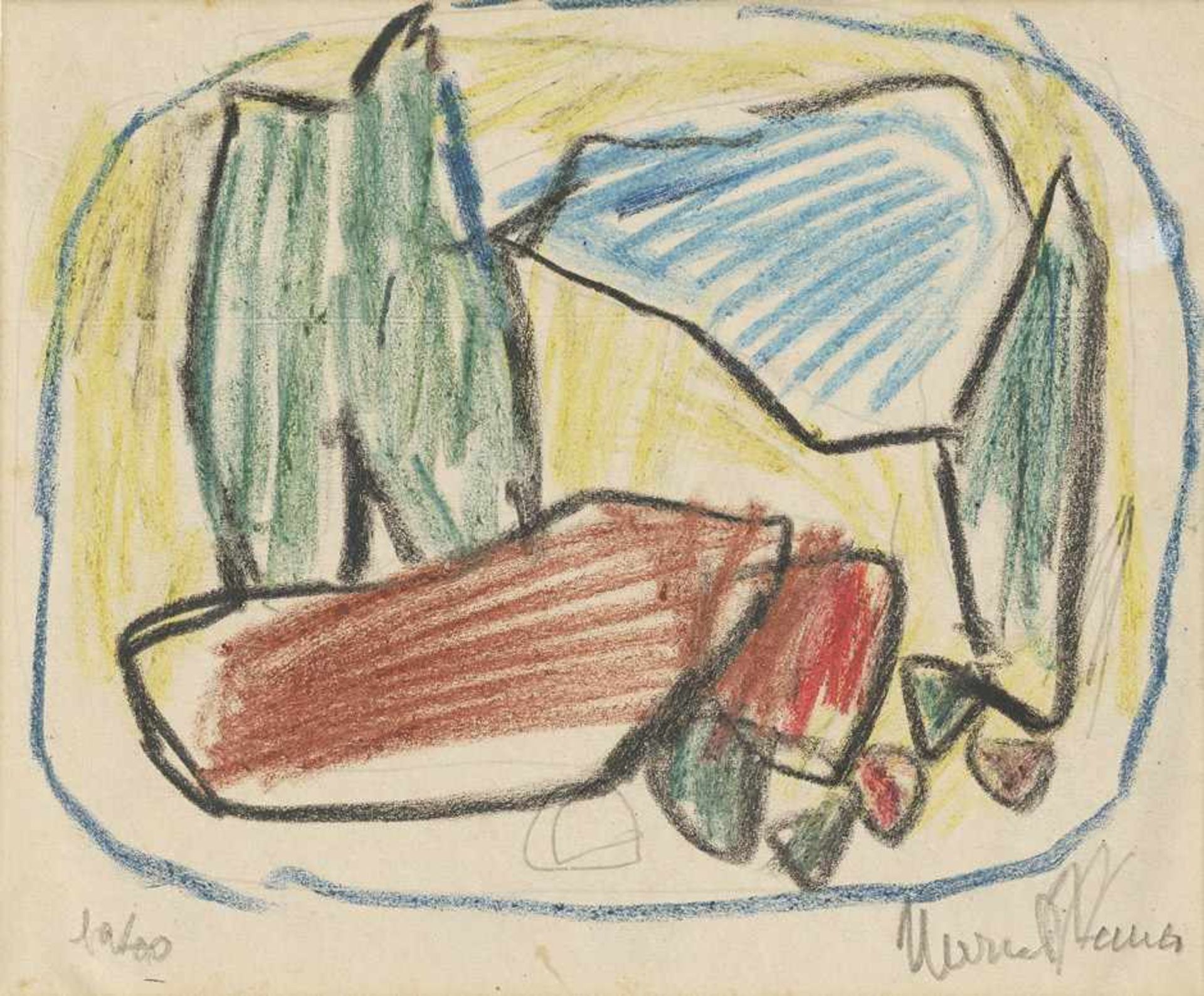 Janco, Marcel: Ohne TitelOhne Titel Farbige Kreiden und Bleistift auf Velin. 1978.16,4 x 19,1 cm.