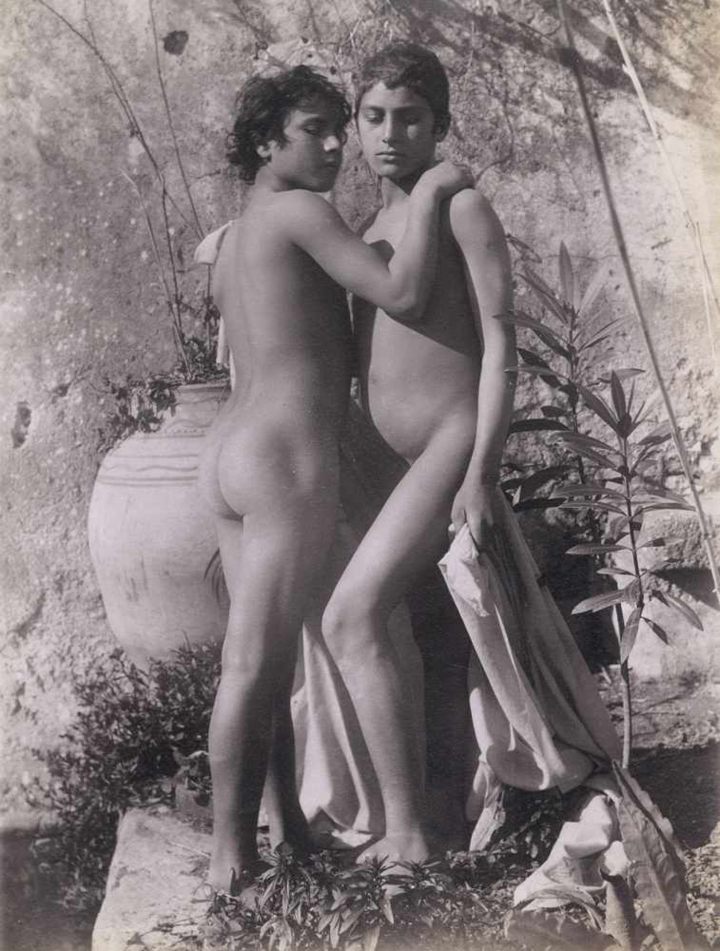 Gloeden, Wilhelm von: Two nude youths; Young nude boy with vase; Reclining male nudeTwo nude youths;