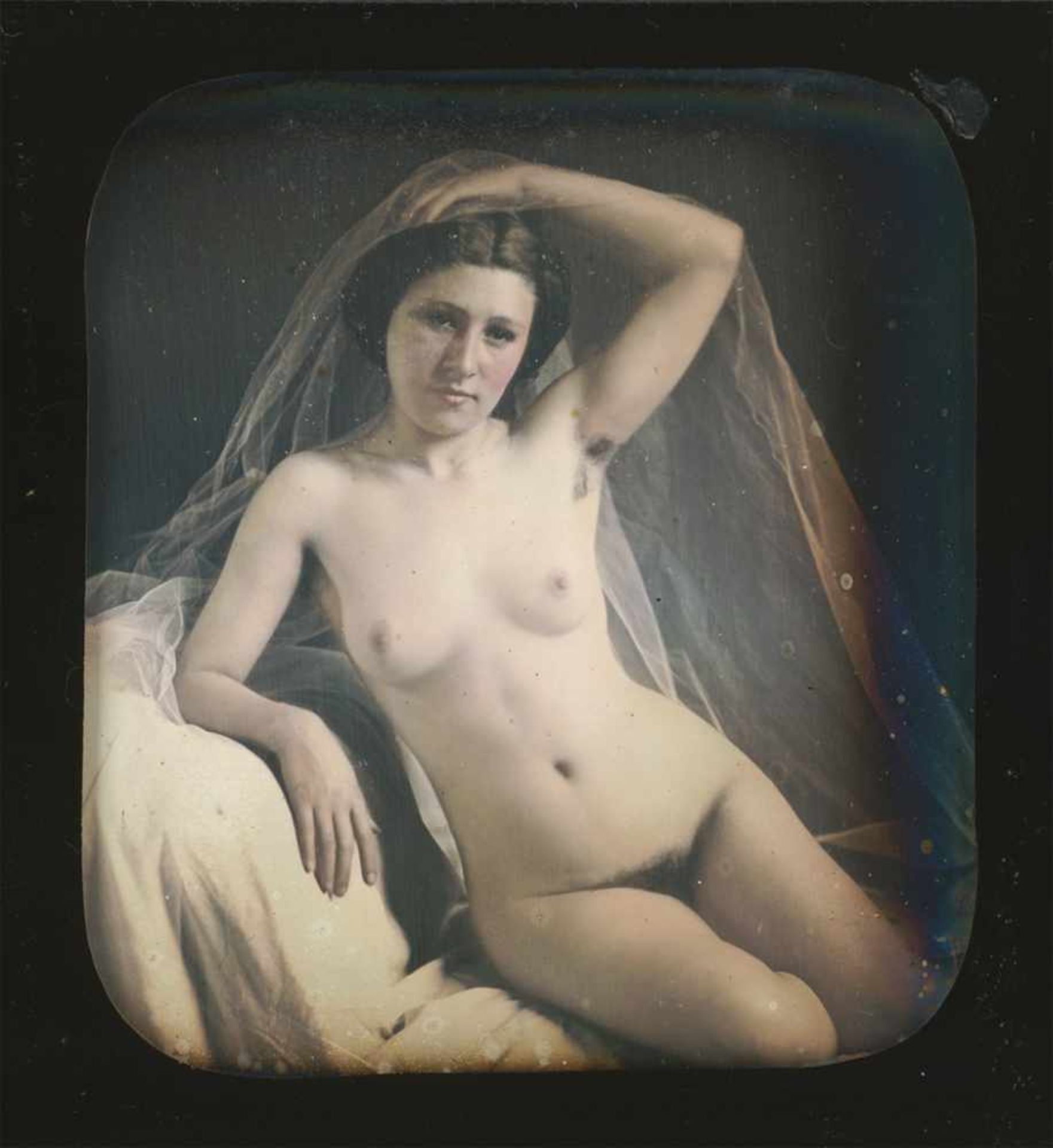 Daguerreotypes: Seated female nude with veilPhotographer: Bruno-Auguste Braquehais (attributed