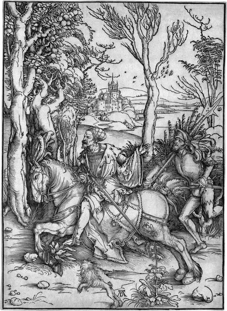 Dürer, Albrecht: Ritter und LandsknechtRitter und Landsknecht. Holzschnitt. 38,9 x 28,1 cm. Um 1498.