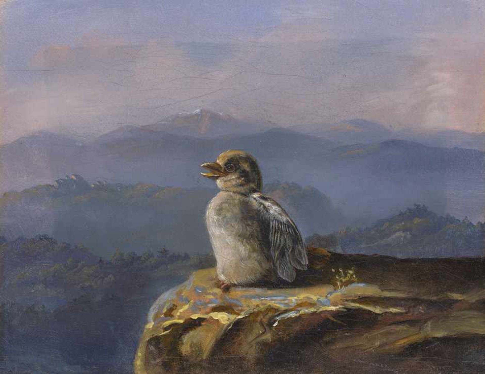 Gauermann, Friedrich - Umkreis: Adlerküken auf einem Felsvorsprung vor dem AlpenpanoramaUmkreis.