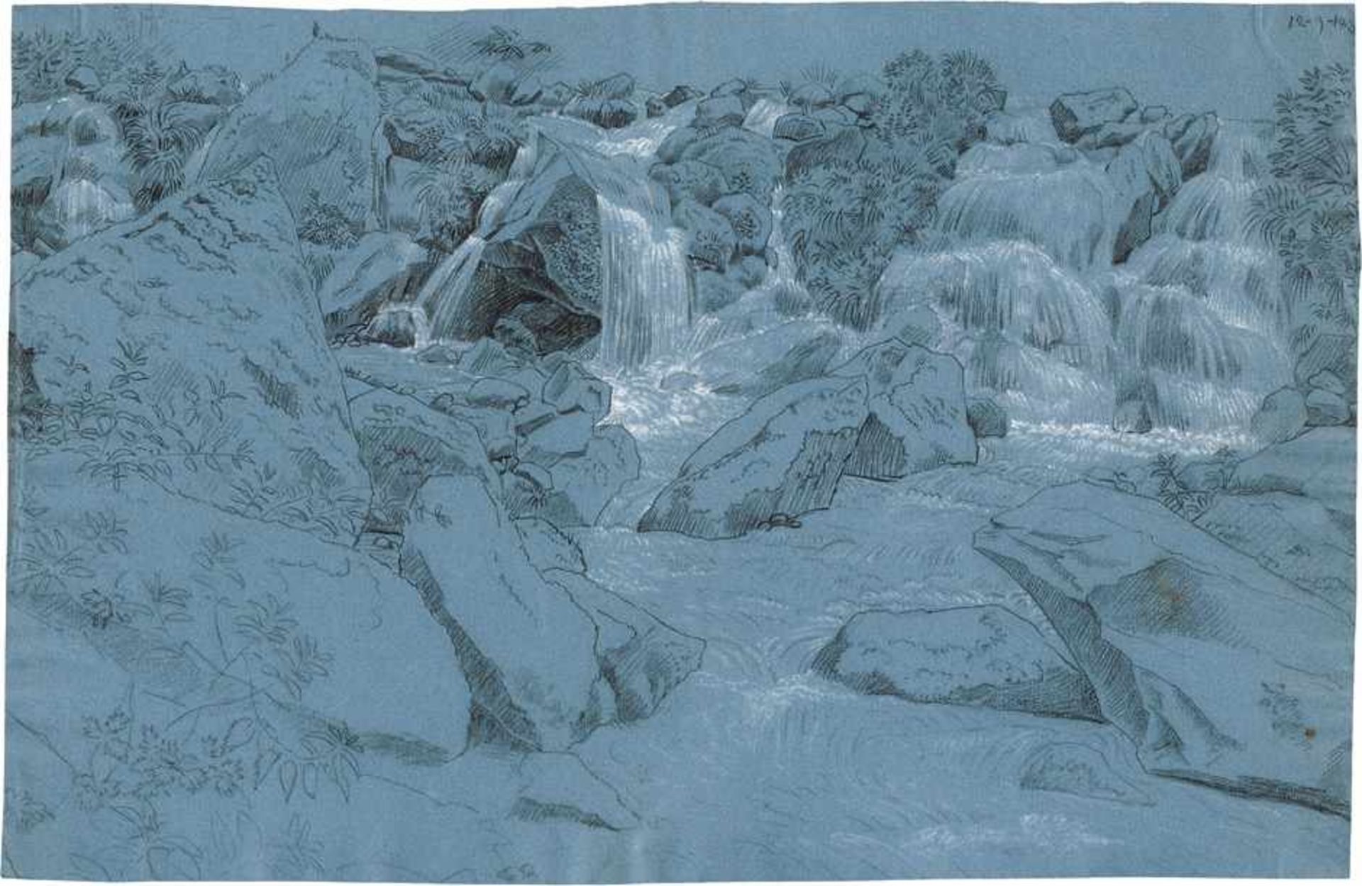 Legendre, Louis: Waldinneres mit einem BächleinFelsige Landschaft mit Wasserfall. Schwarze und